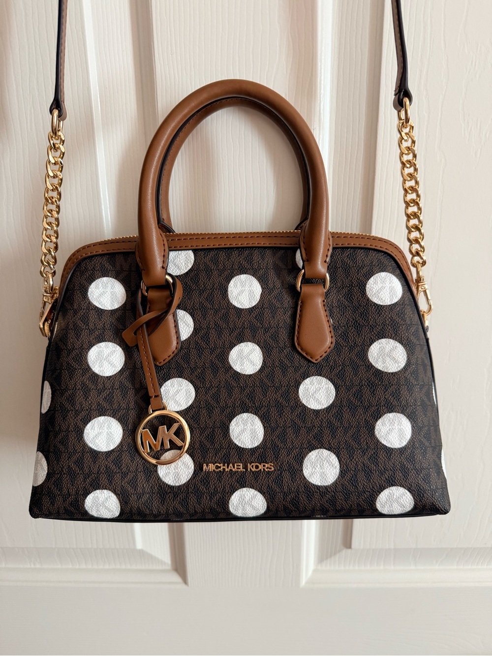 Michael Kors Leather Brown and White Polka Dot Crossbody with Gold Hardware
